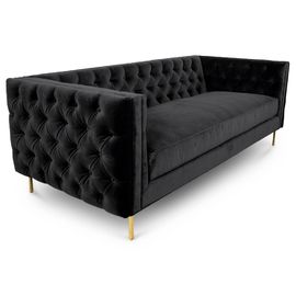 kupować Sofa trzyosobowa z czarnego aksamitu z guzikami i 4 metalowymi nogami w kolorze złotego mosiądzu na ślub, sofa do wynajęcia w salonie produkcja online