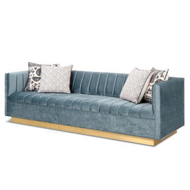 Dobra cena. Nowoczesna sofa do salonu z niebieskim aksamitem Tkanina ze stali nierdzewnej Złota szczotkowana sofa Manhattan z szerokim kanałem tufting w Internecie